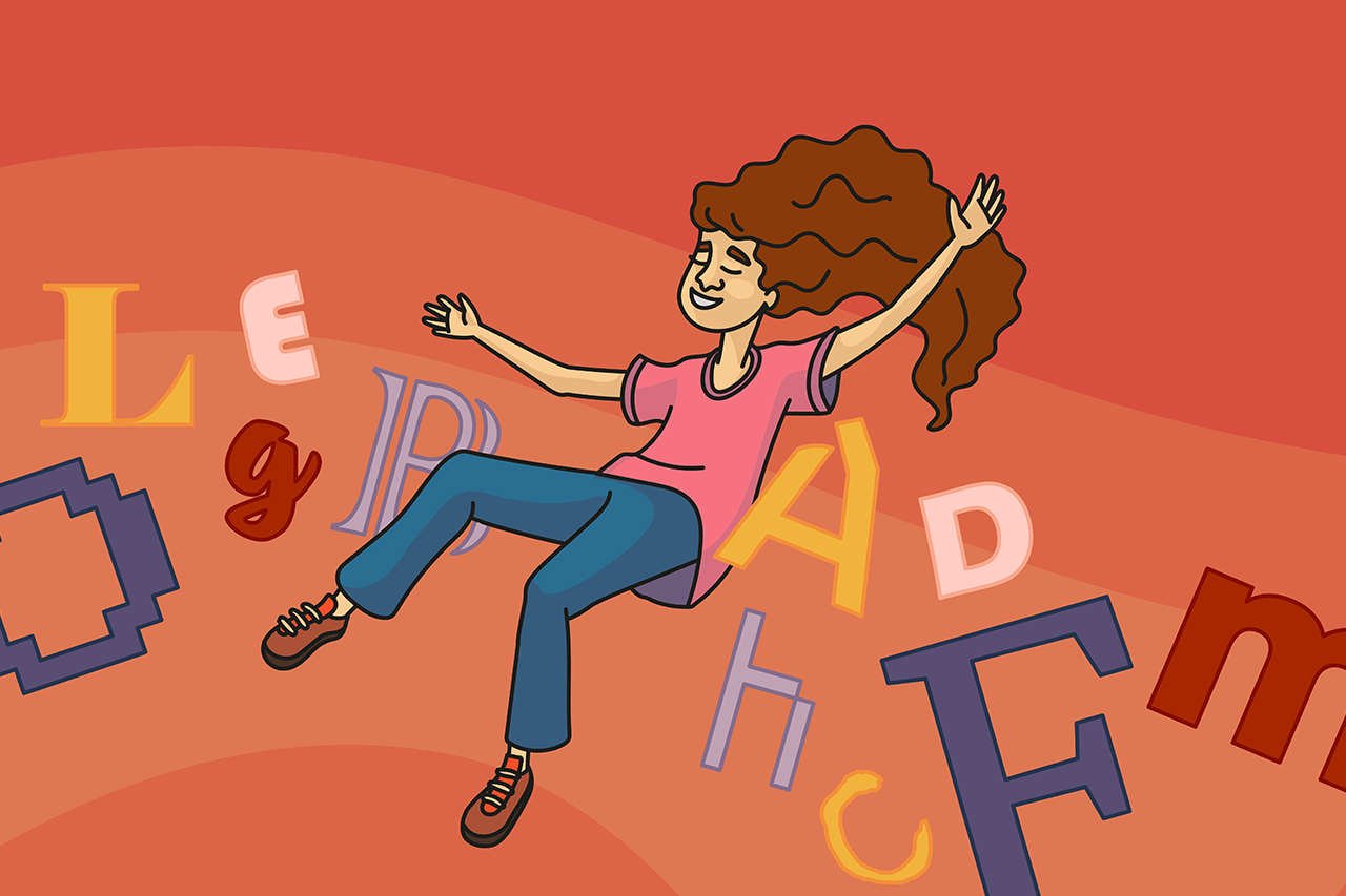 Ilustra&ccedil;&atilde;o abstrata de professora voando ao redor de letras coloridas.