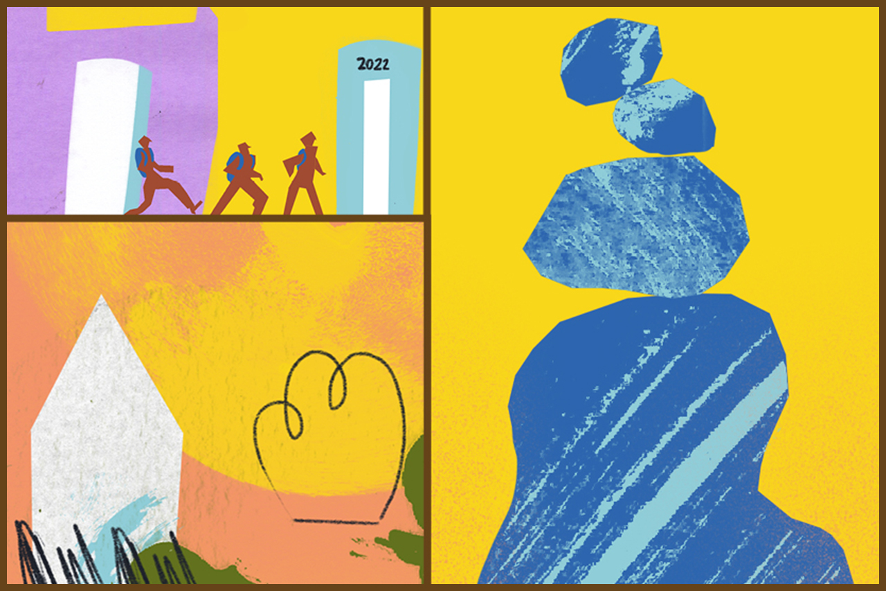 Mosaico composto por ilustra&ccedil;&otilde;es abstratas que remetem &agrave;s novas situa&ccedil;&otilde;es escolares em 2022.