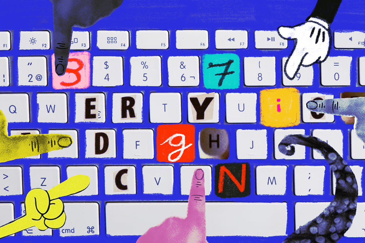 Ilustra&ccedil;&atilde;o abstrata de v&aacute;rias m&atilde;os teclando em um mesmo teclado.