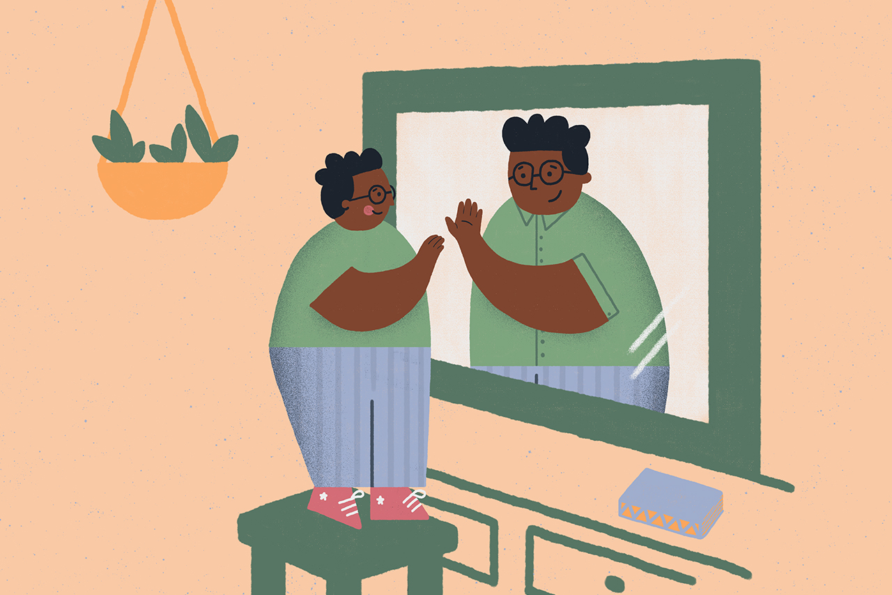 Ilustra&ccedil;&atilde;o de aluno se olhando no espelho.