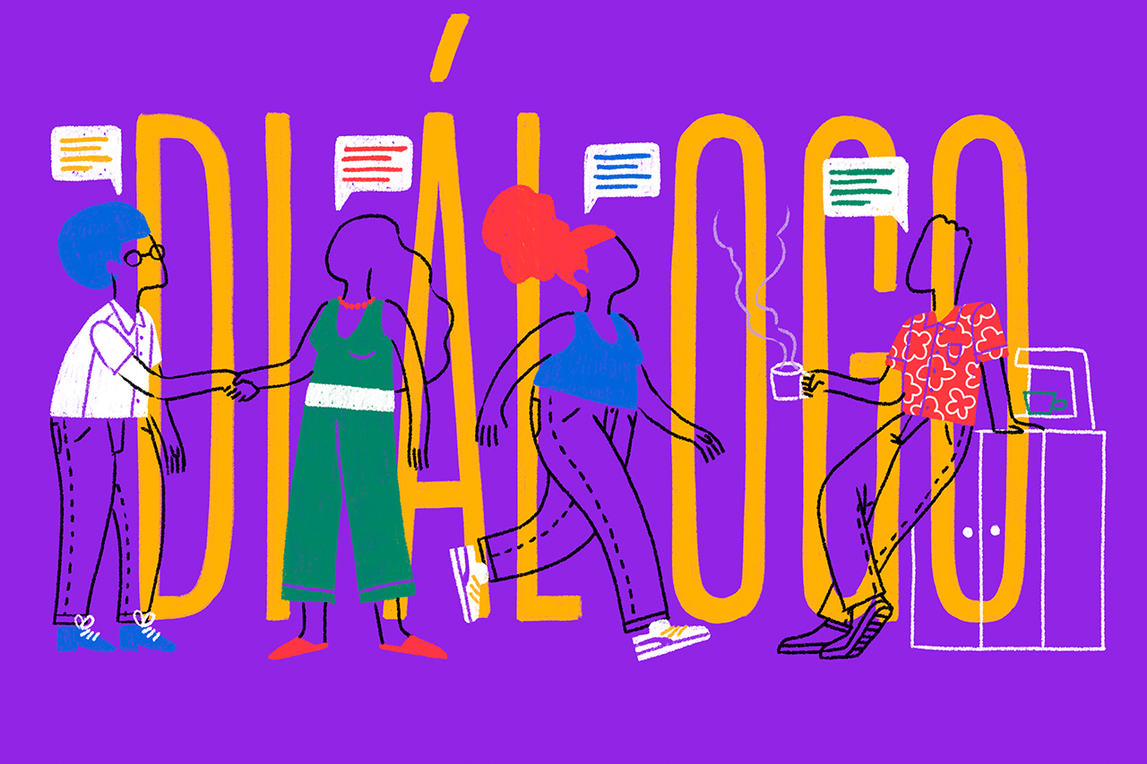Ilustra&ccedil;&atilde;o abstrata de professores, gestores e parceiros de trabalho interagindo em volta da palavra Di&aacute;logo.