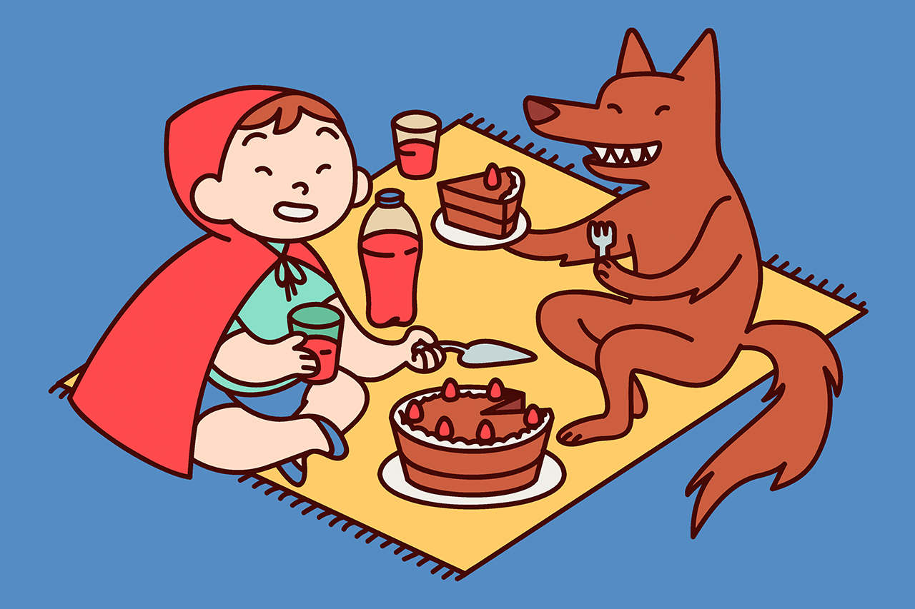 Ilustra&ccedil;&atilde;o do conto da chapeuzinho vermelho com final diferente. Neste final o lobo e a chapeuzinho fazem um piquenique.