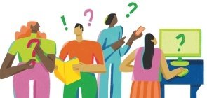 Ilustração de pessoas pesquisando e com dúvidas