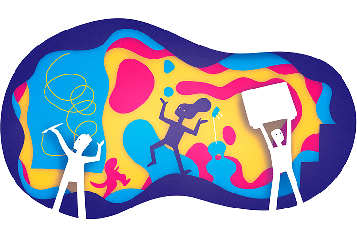 Ilustra&ccedil;&atilde;o abstrata de crian&ccedil;as brincando e desenhando.