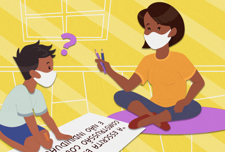 Ilustra&ccedil;&atilde;o de aluno com dificuldades no processo de escrita e alfabetiza&ccedil;&atilde;o. Ao lado, a professora auxilia no processo.