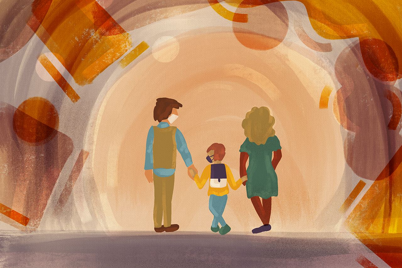 Ilustra&ccedil;&atilde;o digital simulando pintura manual de pais levando o filho para a escola.