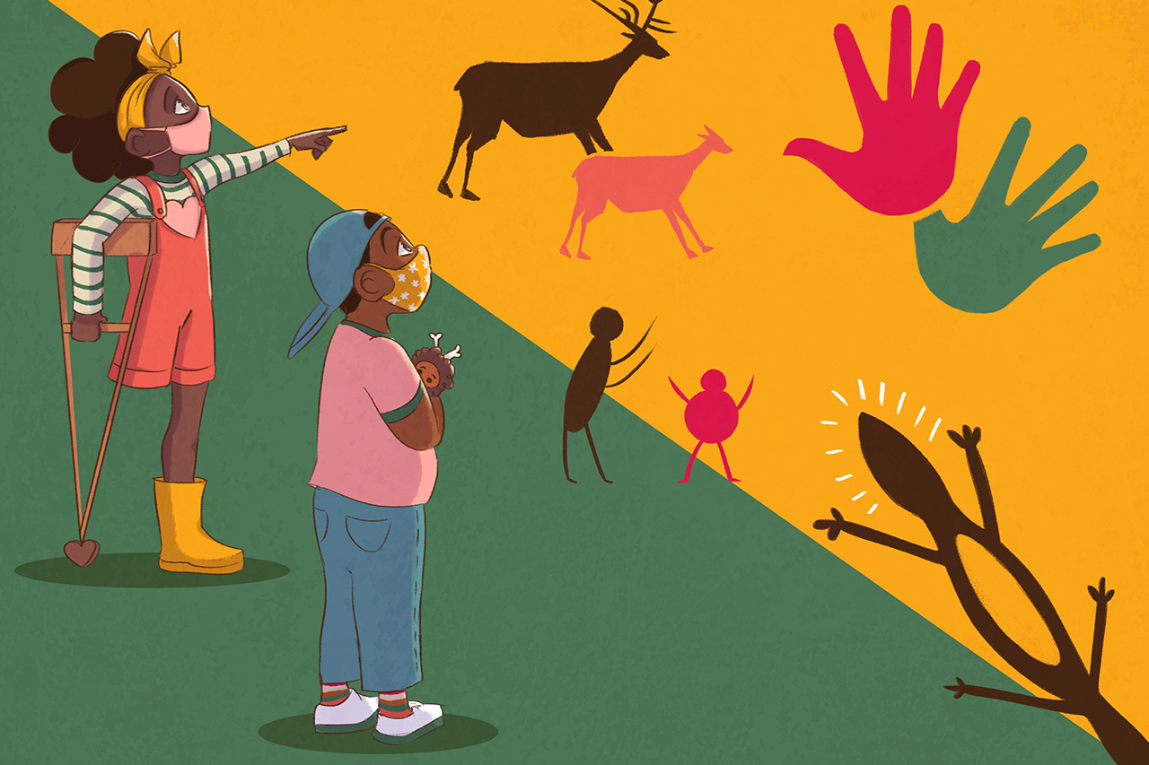 Ilustra&ccedil;&atilde;o abstrata de crian&ccedil;as olhando para pinturas rupestres na parede.