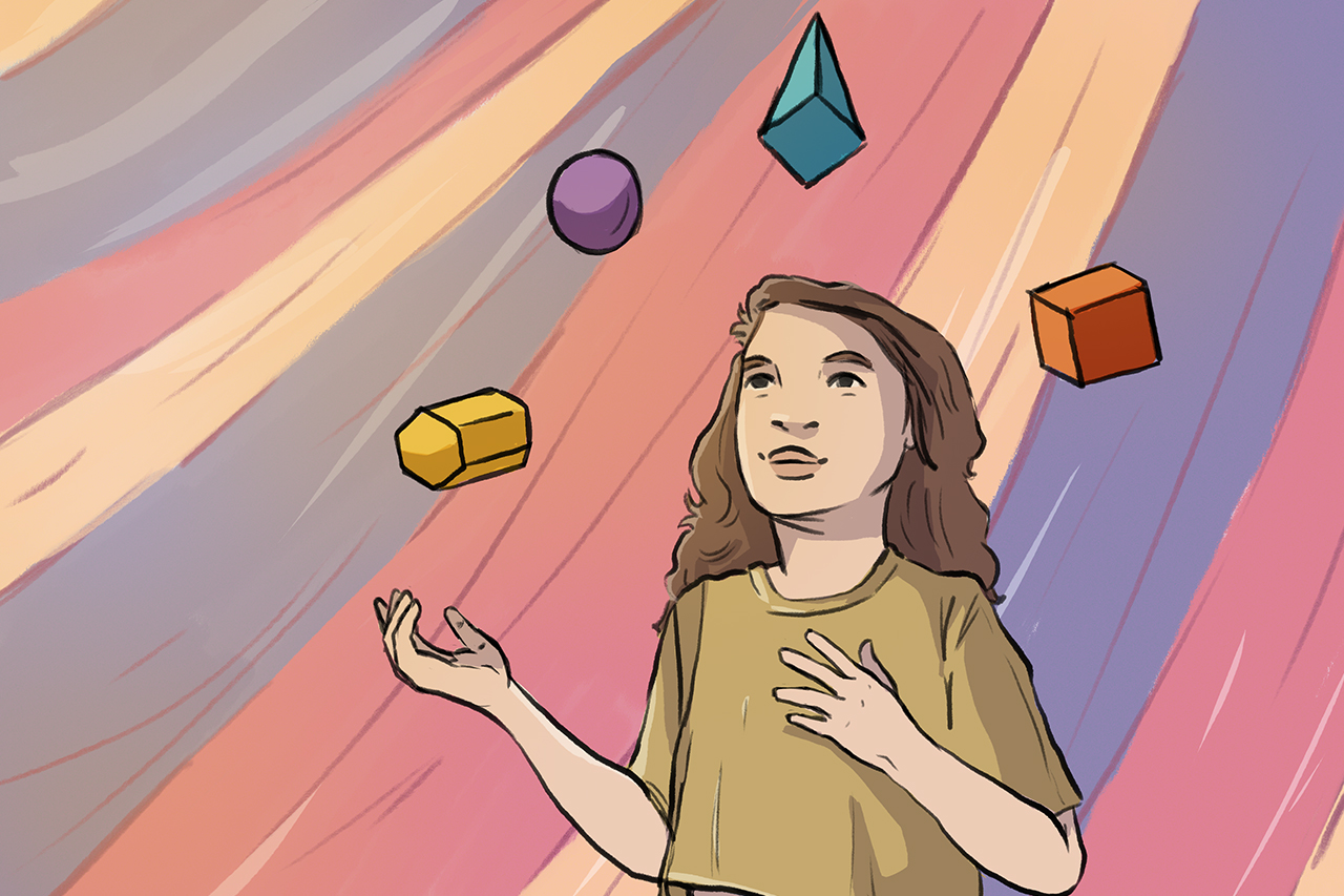 Ilustra&ccedil;&atilde;o abstrata de aluna fazendo malabarismo com formas geom&eacute;tricas.