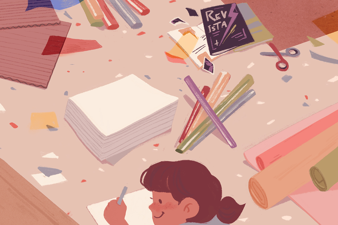 Ilustra&ccedil;&atilde;o de objetos de desenho e pintura sobre fundo s&oacute;lido.