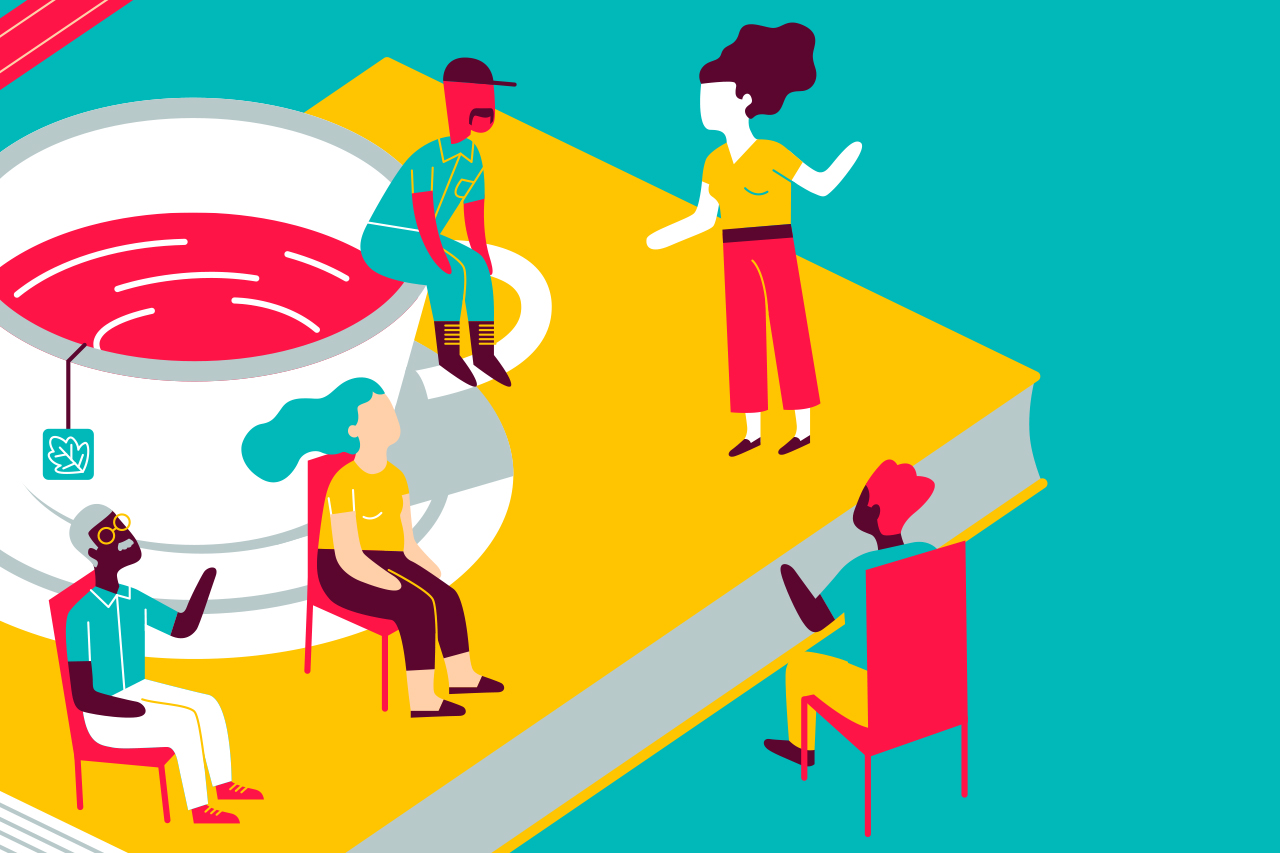 Ilustra&ccedil;&atilde;o de uma reuni&atilde;o pedag&oacute;gica acontecendo sobre ambiente abstrato.