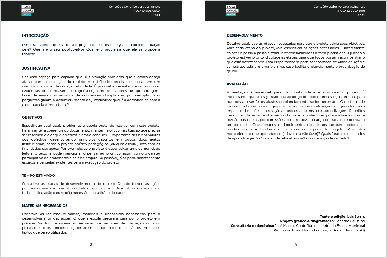 P&aacute;ginas 3 e 4 do modelo de Projeto Institucional.