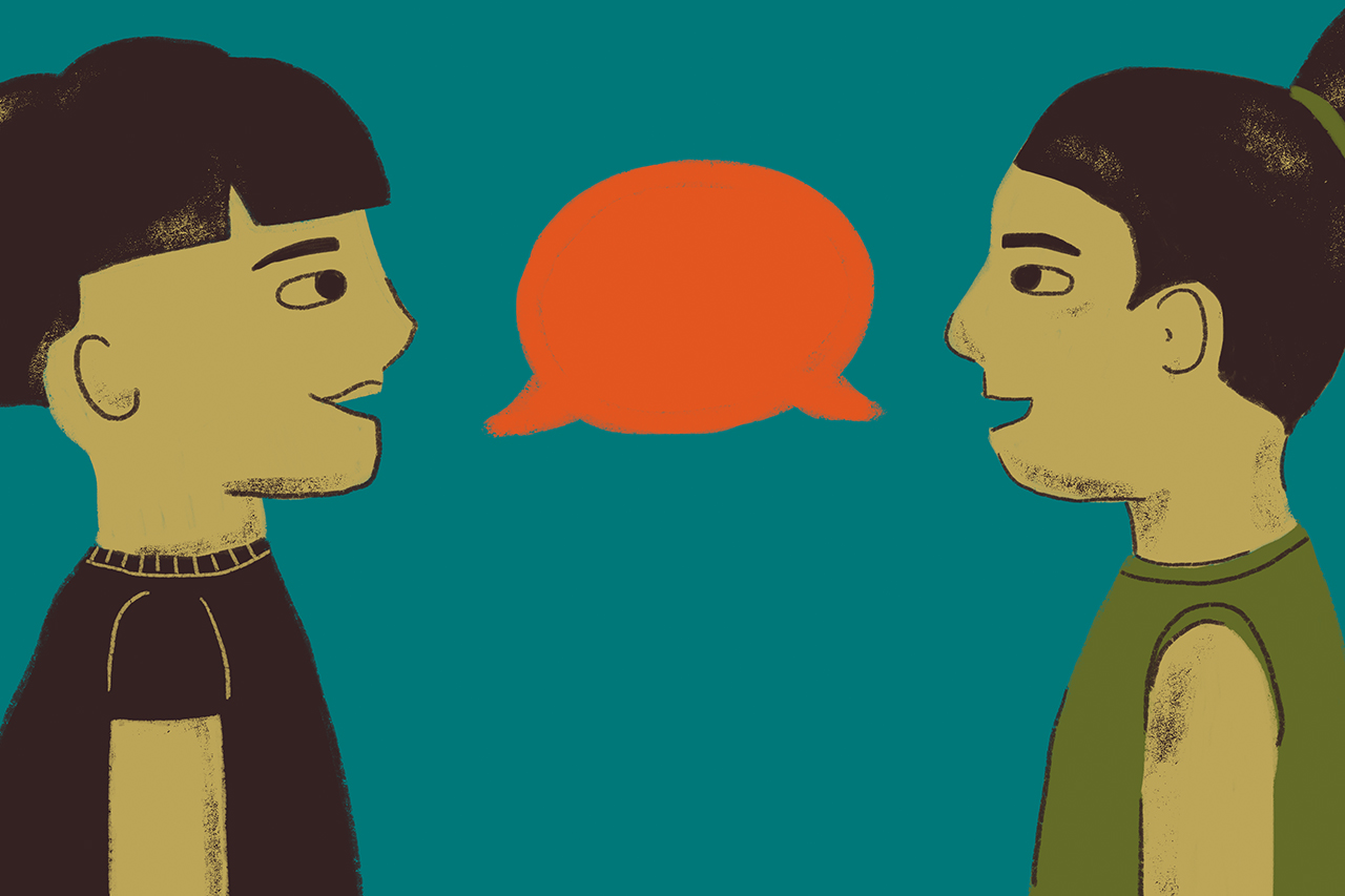 Ilustra&ccedil;&atilde;o de 2 alunos dialogando. Bal&atilde;o de conversa no centro da cena.
