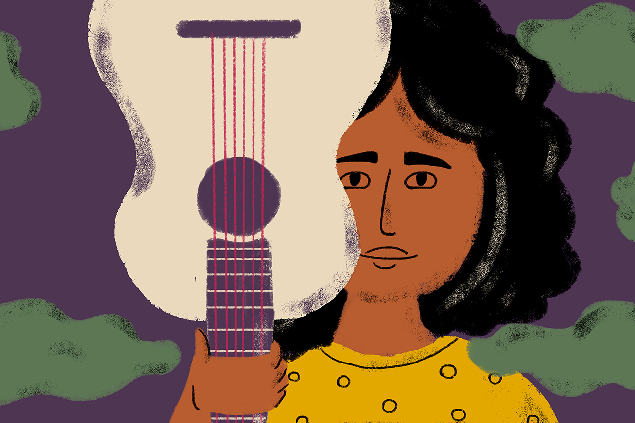 Ilustra&ccedil;&atilde;o de mulher com viol&atilde;o em frente a metade do rosto.