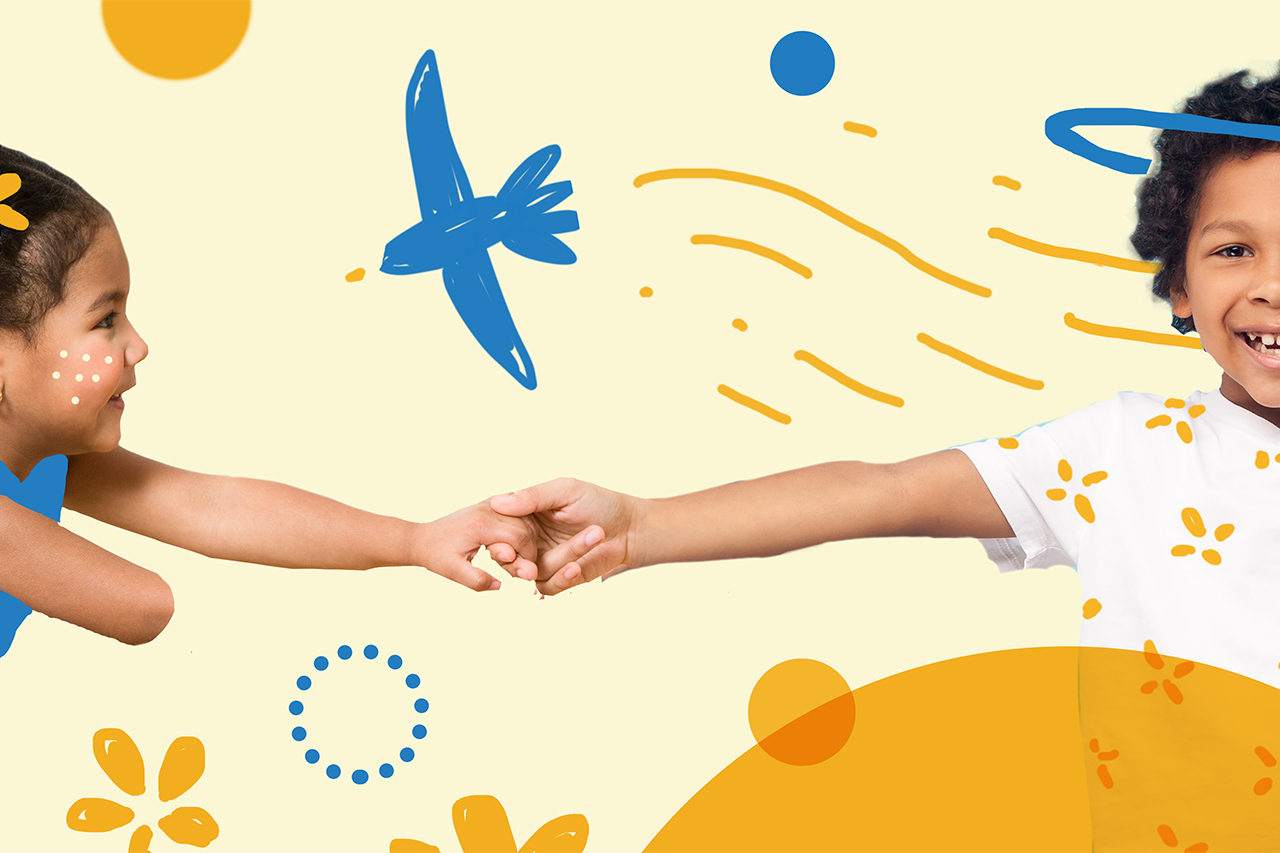 Colagem digital de alunos de m&atilde;os dadas.