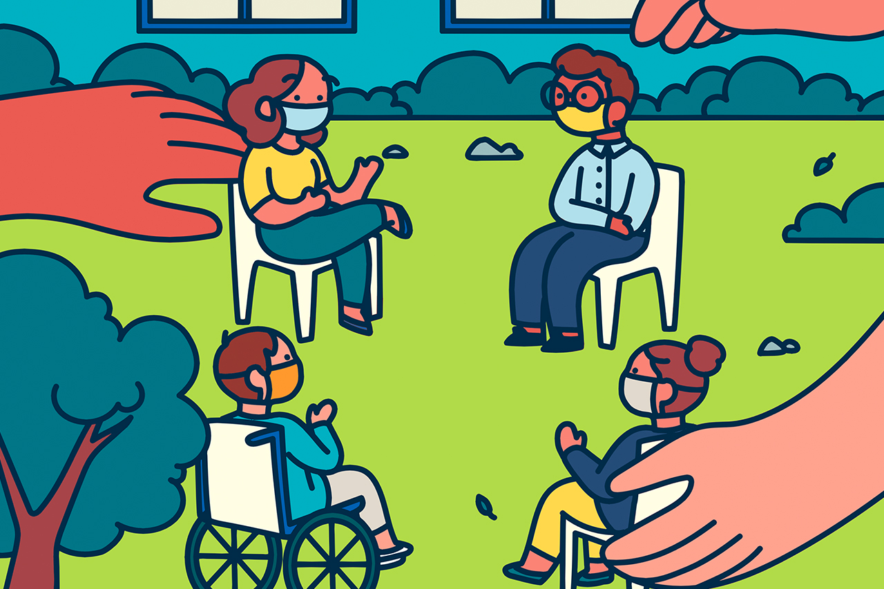 Ilustra&ccedil;&atilde;o de roda de conversa com entre funcion&aacute;rios da escola e familiares dos alunos.