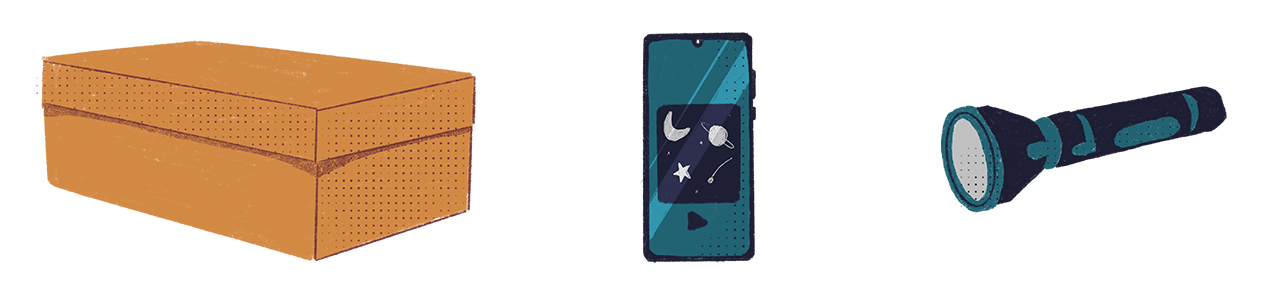 Ilustra&ccedil;&atilde;o de objetos usados na atividade 1: caixas, lanternas e celular.