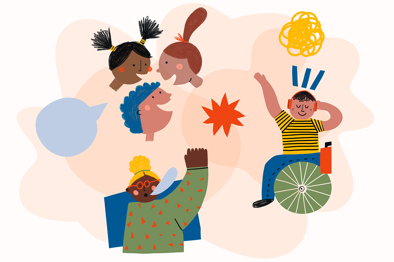 Ilustra&ccedil;&atilde;o abstrata de crian&ccedil;as e adultos conversando e se divertindo.