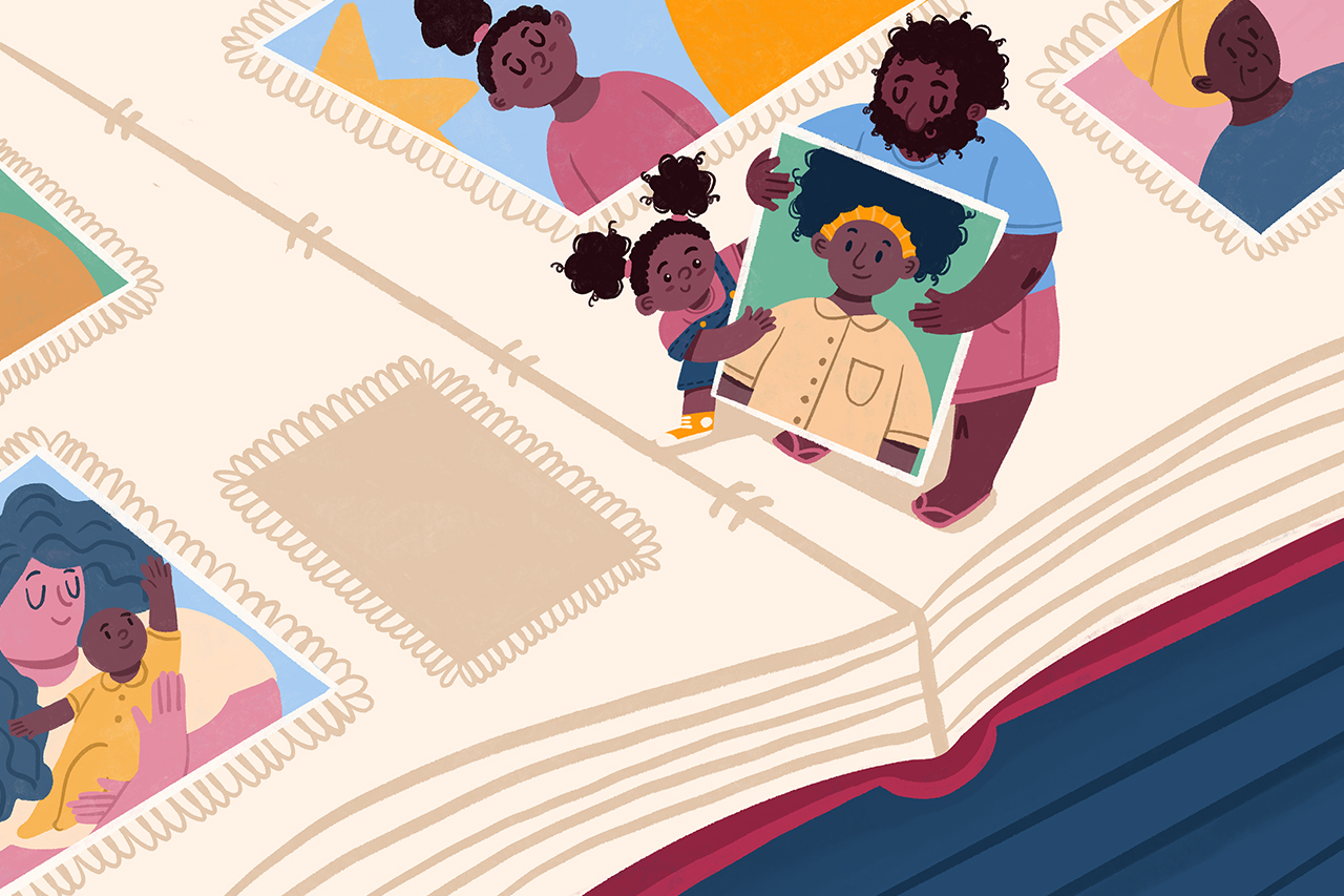Ilustra&ccedil;&atilde;o abstrata de pai e filha colocando fotografias da fam&iacute;lia em &aacute;lbum de fotos gigante.
