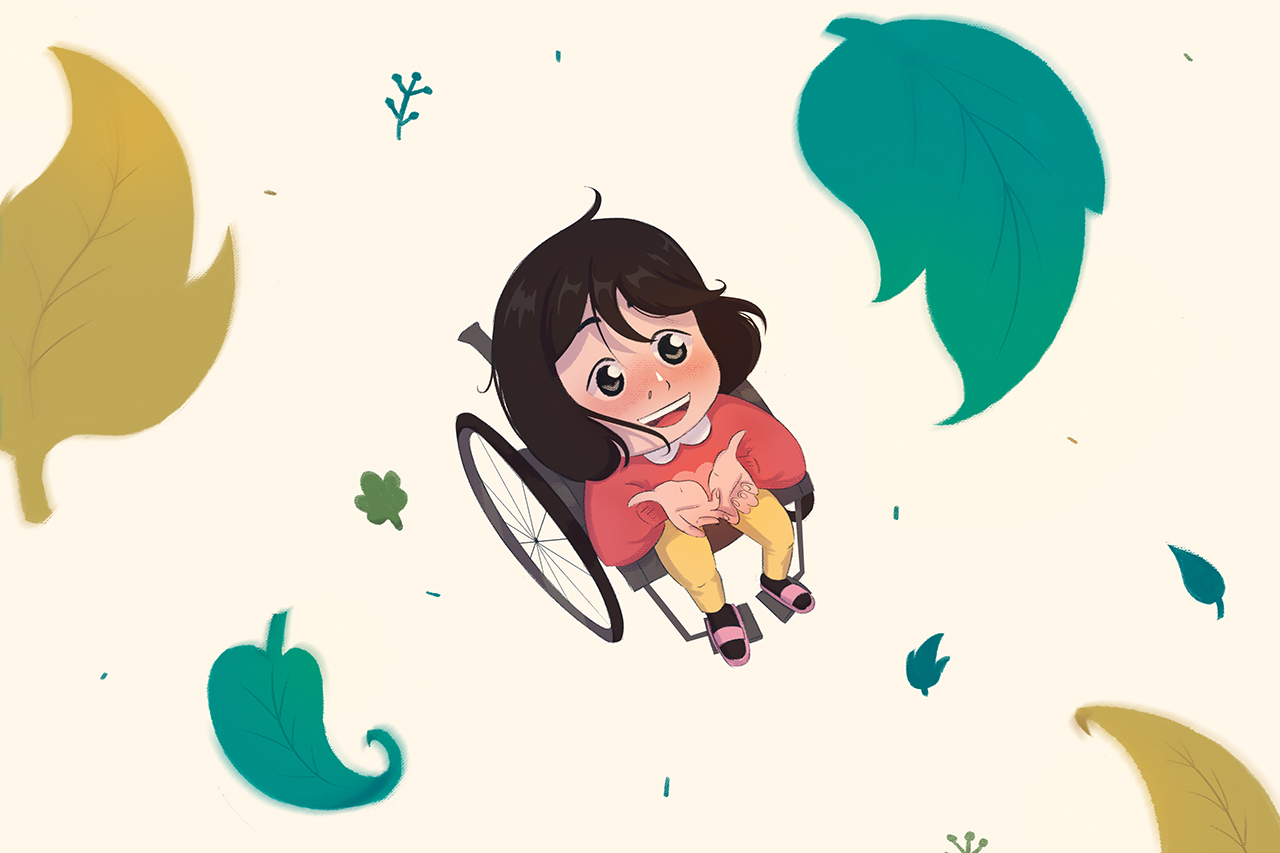 Ilustra&ccedil;&atilde;o de crian&ccedil;a cadeirante olhando para as folhas que caem do c&eacute;u.
