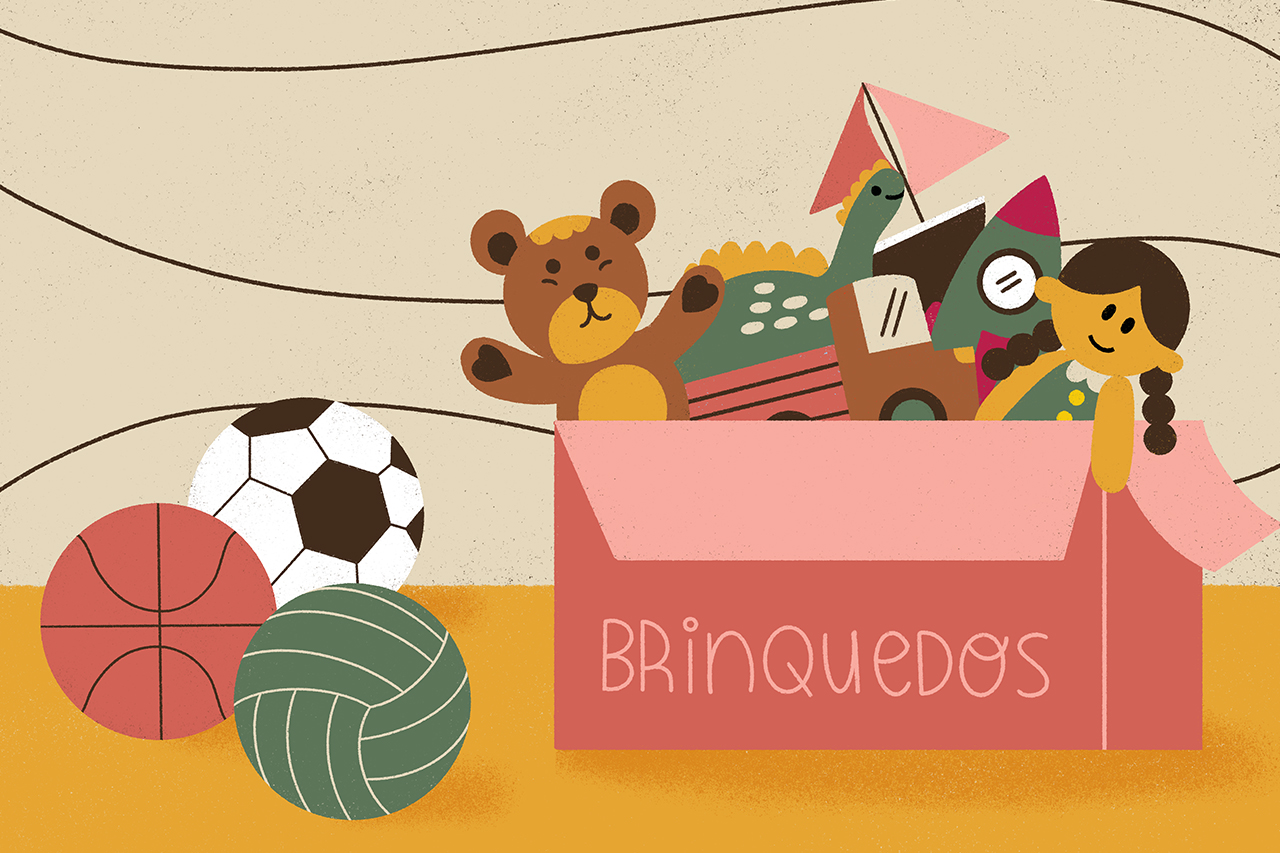 Ilustra&ccedil;&atilde;o de caixa cheia de brinquedos.