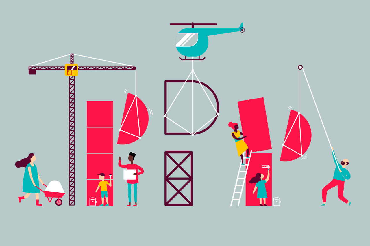 Ilustra&ccedil;&atilde;o de uma reuni&atilde;o pedag&oacute;gica acontecendo sobre ambiente abstrato.