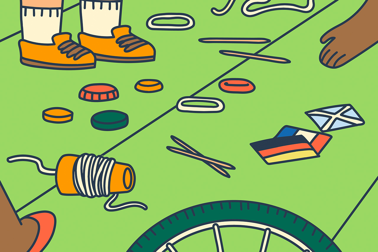 Ilustra&ccedil;&atilde;o de objetos dispostos no ch&atilde;o, pr&oacute;ximo a uma roda de bicicleta.