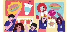 Ilustração de crianças com uniforme conversam e brincam no pátio e no fundo há cartazes do Mcdonalds