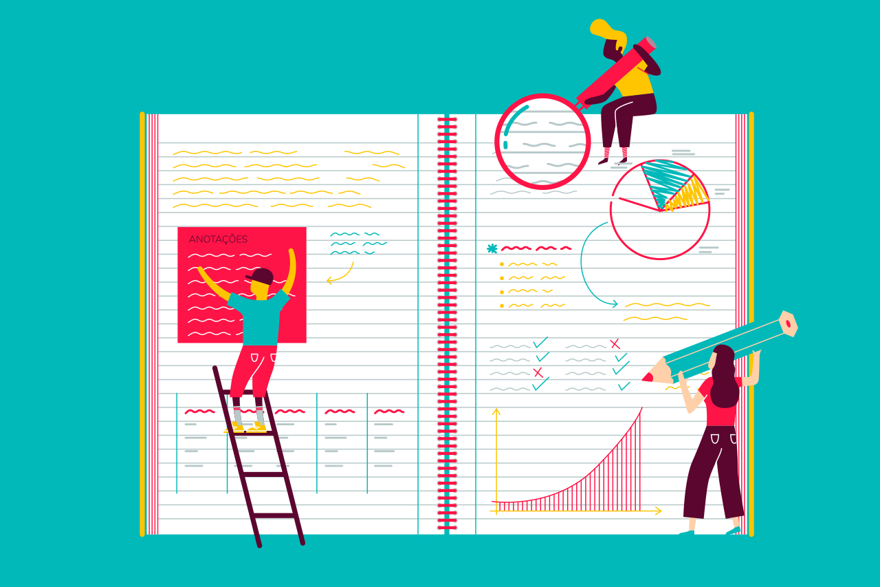 Ilustra&ccedil;&atilde;o abstrata de pessoas anotando e revisando folhas de caderno.