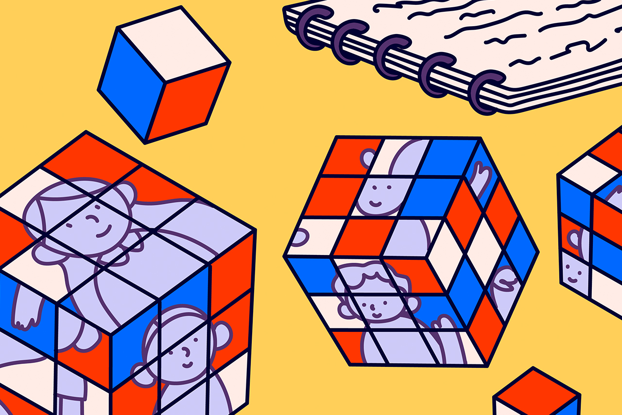 Ilustra&ccedil;&atilde;o abstrata de cubos m&aacute;gicos com retratos de alunos em suas faces.