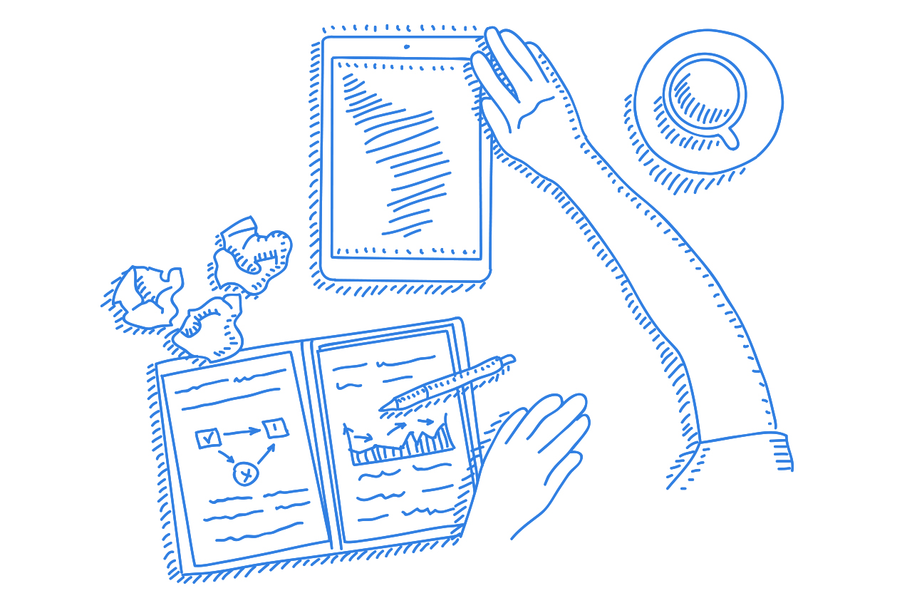 Ilustra&ccedil;&atilde;o em linha de uma pessoa com um caderno, e um tablet sobre a mesa