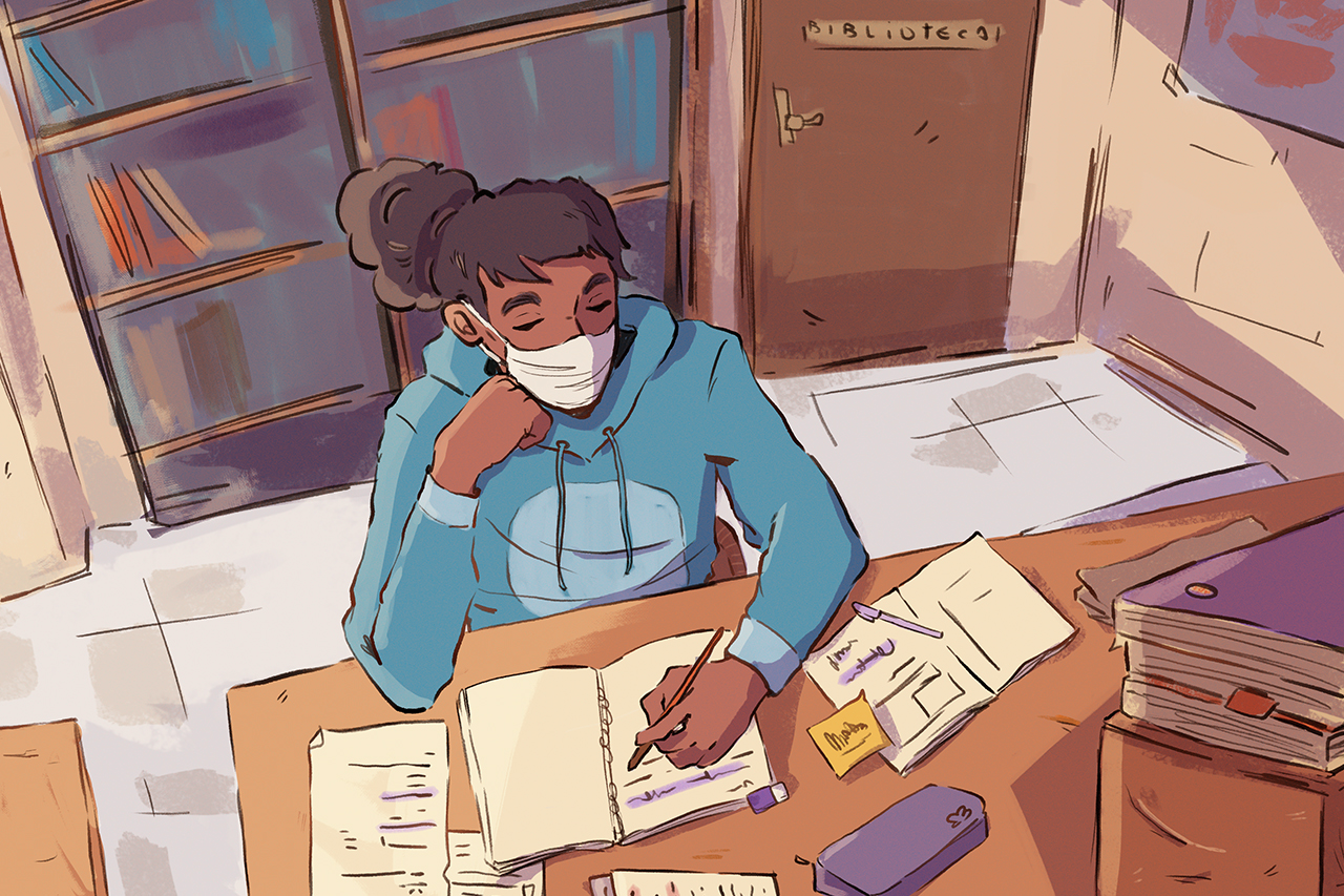 Ilustra&ccedil;&atilde;o de aluna estudando na biblioteca.