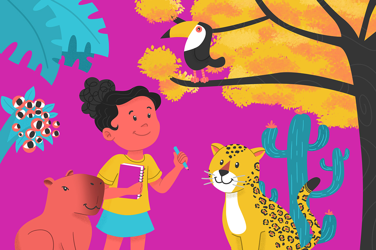 Ilustra&ccedil;&atilde;o abstrata de aluna ao ar livre com animais e plantas regionais.