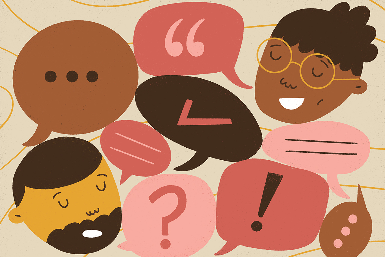 Ilustra&ccedil;&atilde;o de professora conversando com um pai. Bal&otilde;es de conversa ilustram a cena.