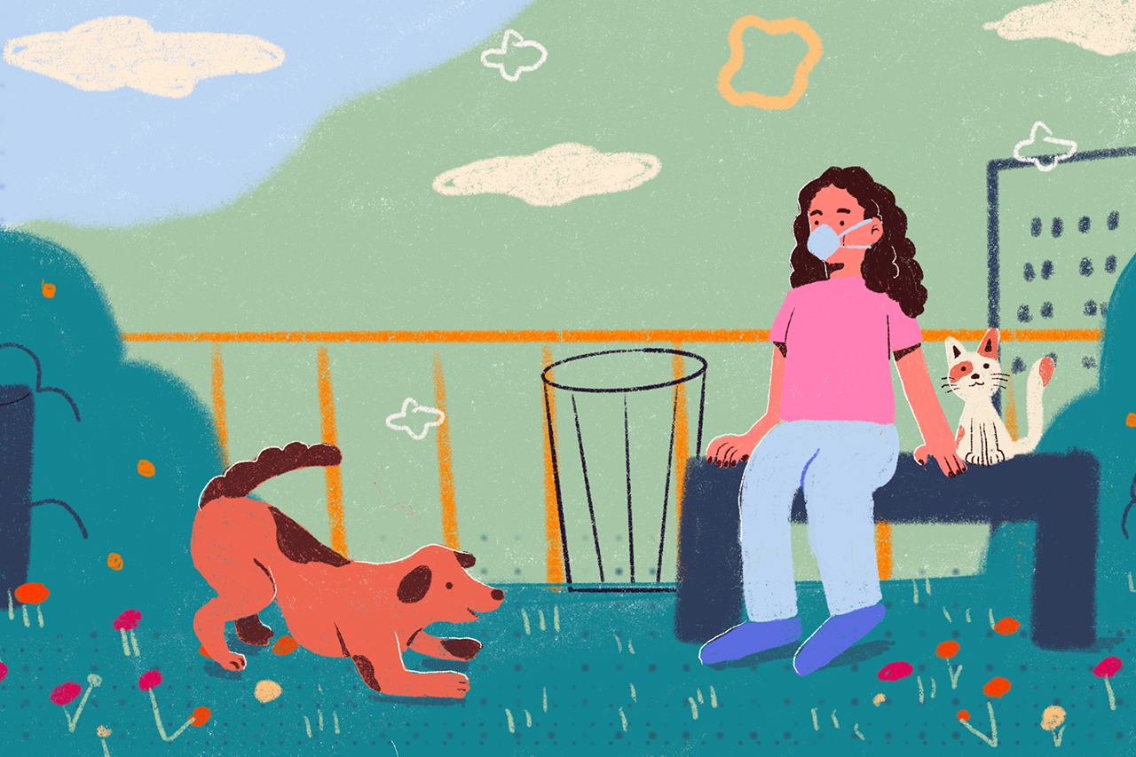 Ilustra&ccedil;&atilde;o de menina sentada no quintal junto ao seu cachorro.