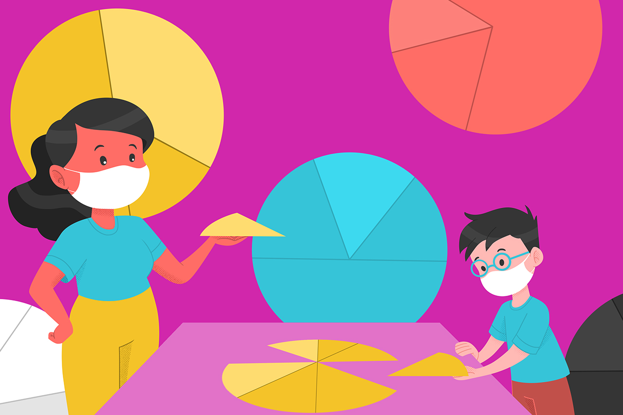 Ilustra&ccedil;&atilde;o abstrata de professora aplicando atividade de porcentagem atrav&eacute;s de gr&aacute;ficos de pizza gigantes junto a aluno.
