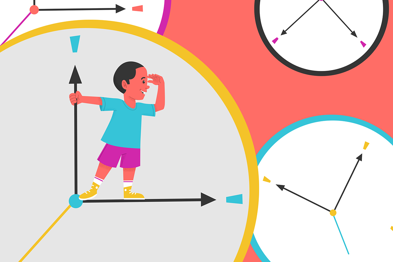 Ilustra&ccedil;&atilde;o abstrata de menino apoiado em rel&oacute;gios mostrando a passagem do tempo.