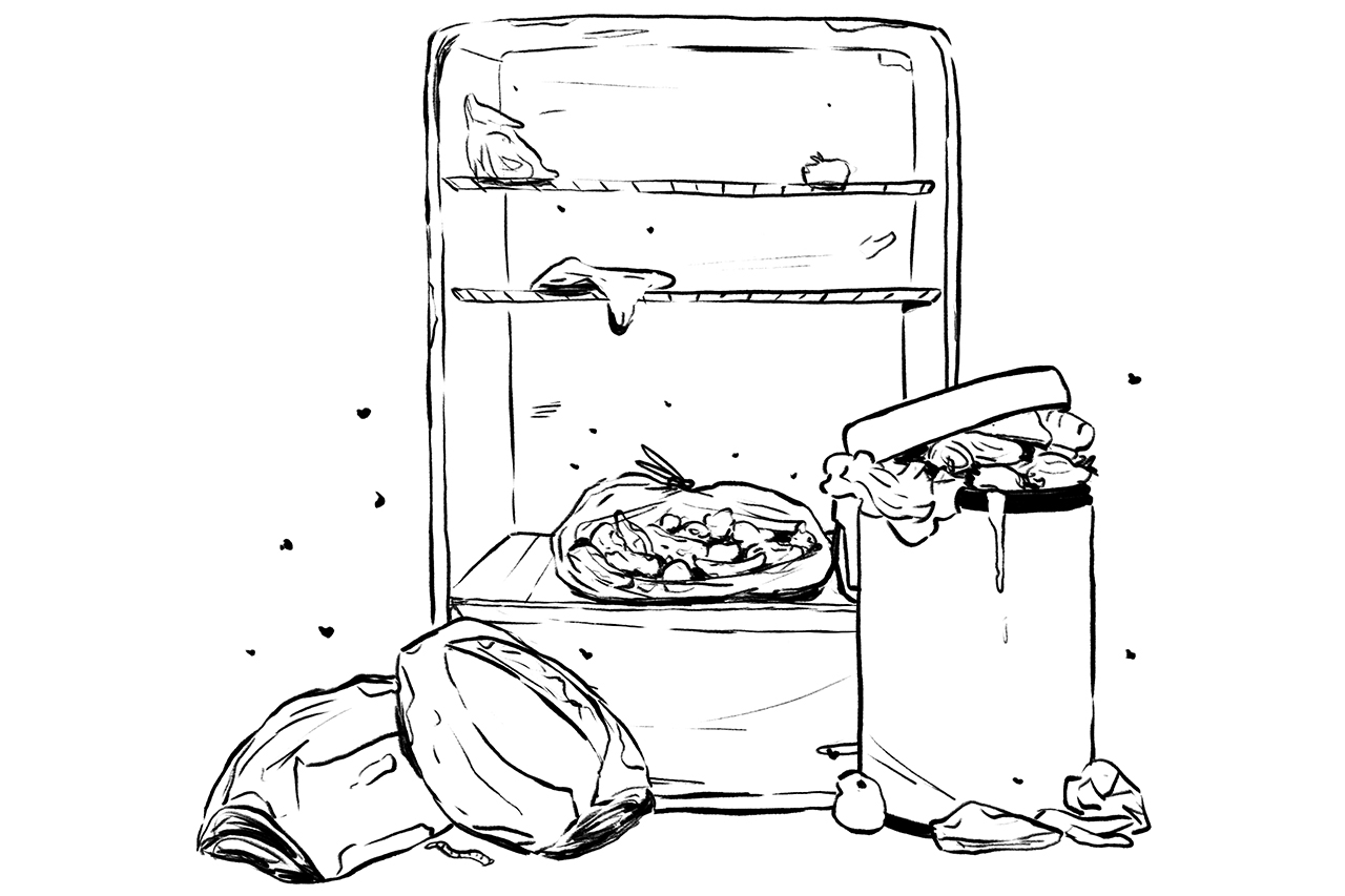 Ilustra&ccedil;&atilde;o de geladeiras e latas de lixo com alimentos estragados.