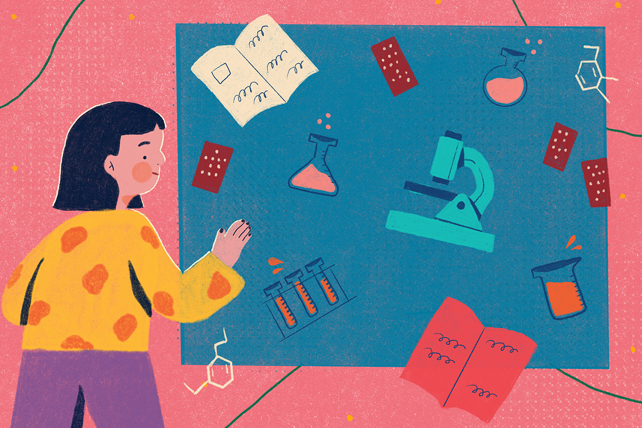 Ilustra&ccedil;&atilde;o abstrata de menina em frente a diversos objetos cient&iacute;ficos como tubos de ensaio, livros e microsc&oacute;pios.