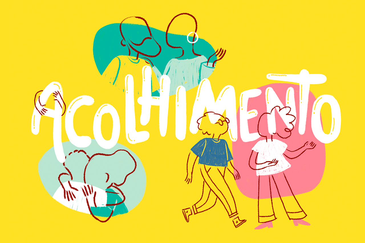 Ilustra&ccedil;&atilde;o abstrata de gestores e professores se abra&ccedil;ando e se cumprimentando ao redor da palavra acolhimento.