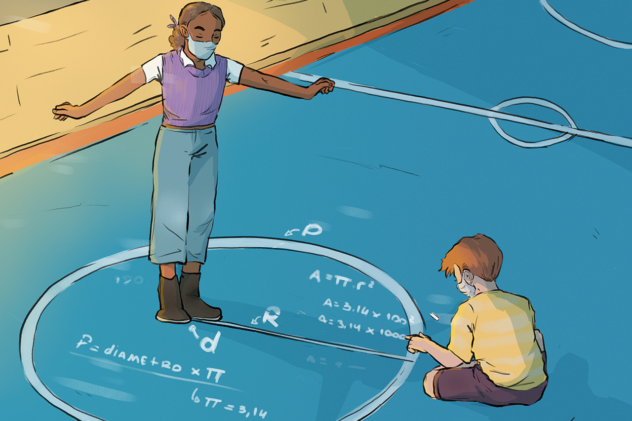 Ilustra&ccedil;&atilde;o de aluno junto a professora fazendo experimentos matem&aacute;ticos em &aacute;rea externa, desenhando equa&ccedil;&otilde;es e formas geom&eacute;tricas no ch&atilde;o.