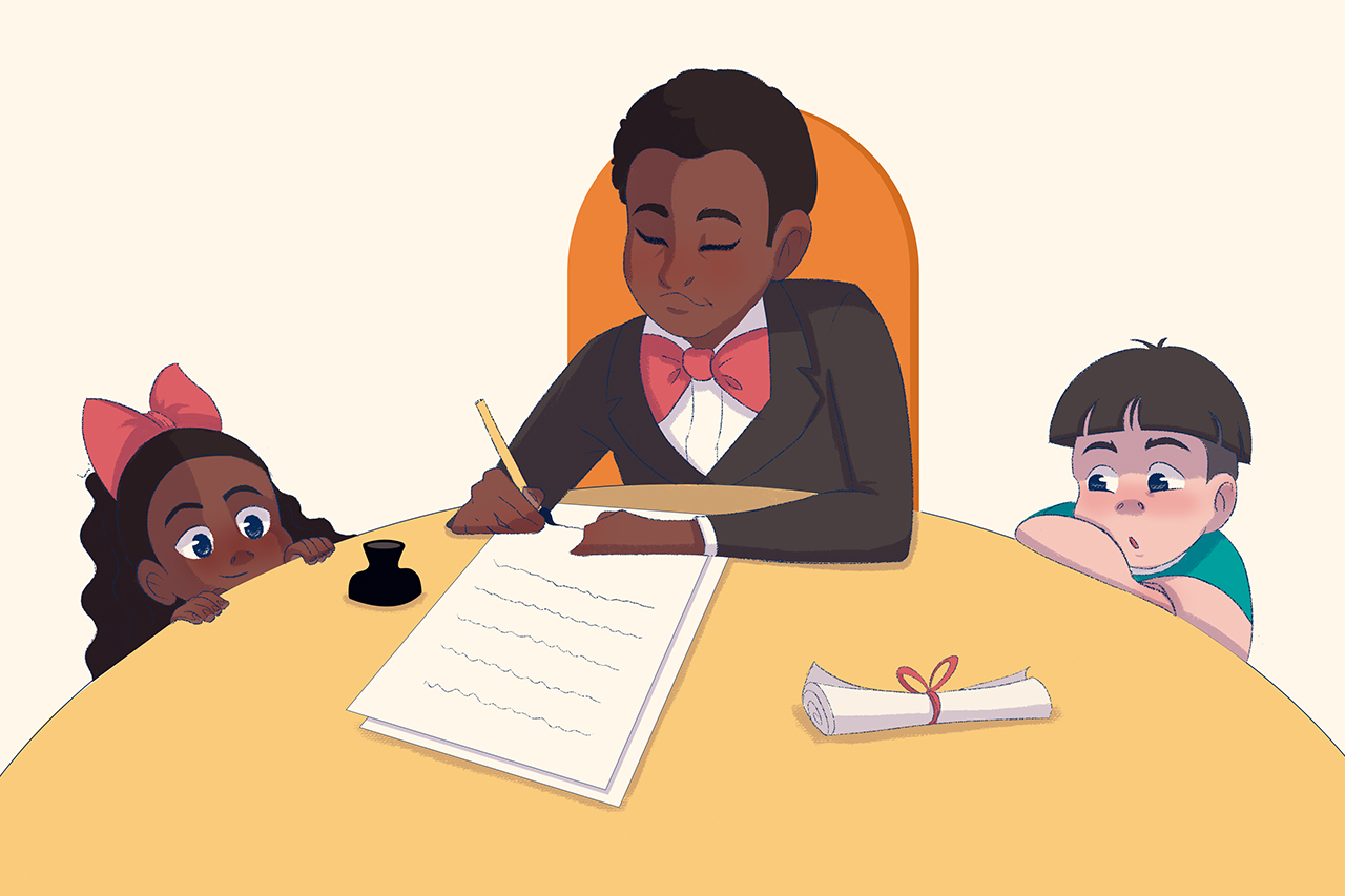 Ilustra&ccedil;&atilde;o de crian&ccedil;as ao lado de Baquaqua enquanto ele escreve seu relato.