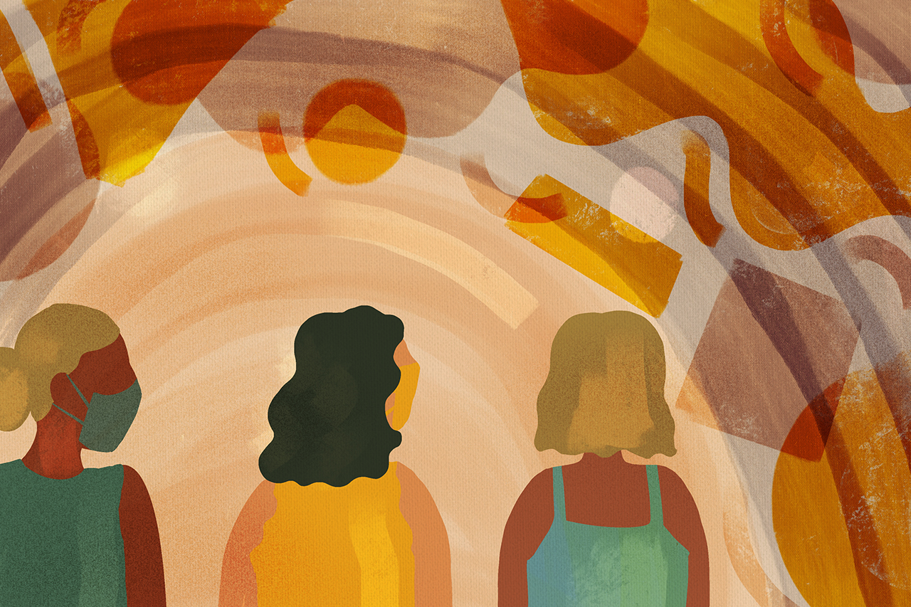 Ilustra&ccedil;&atilde;o digital simulando pintura tradicional de professores sobre fundo abstrato.