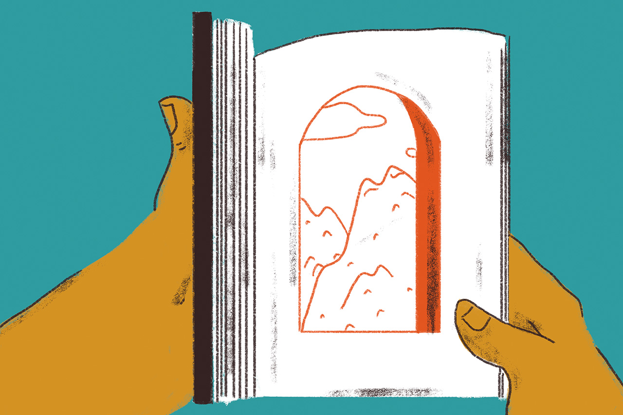 Ilustra&ccedil;&atilde;o em close de m&atilde;os segurando um livro aberto