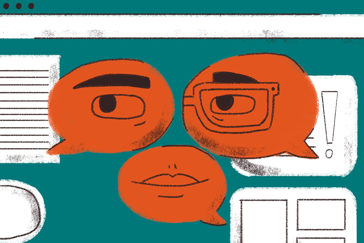 Ilustra&ccedil;&atilde;o abstrata sobre recorte de olhos em destaque sobre mesa com outros recortes e folhas de papel.