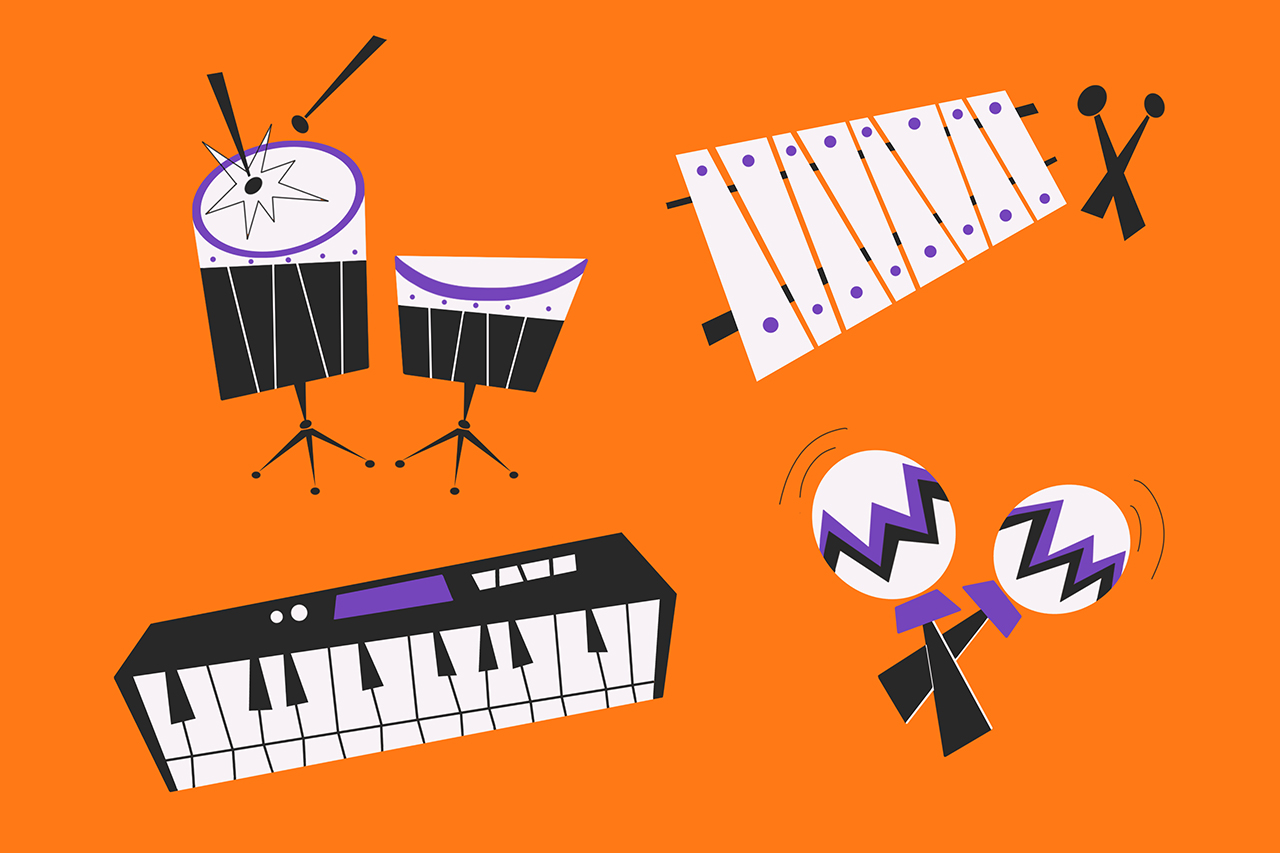 Ilustra&ccedil;&atilde;o de instrumentos musicais: xilofone, chocalho, teclado e percuss&atilde;o.
