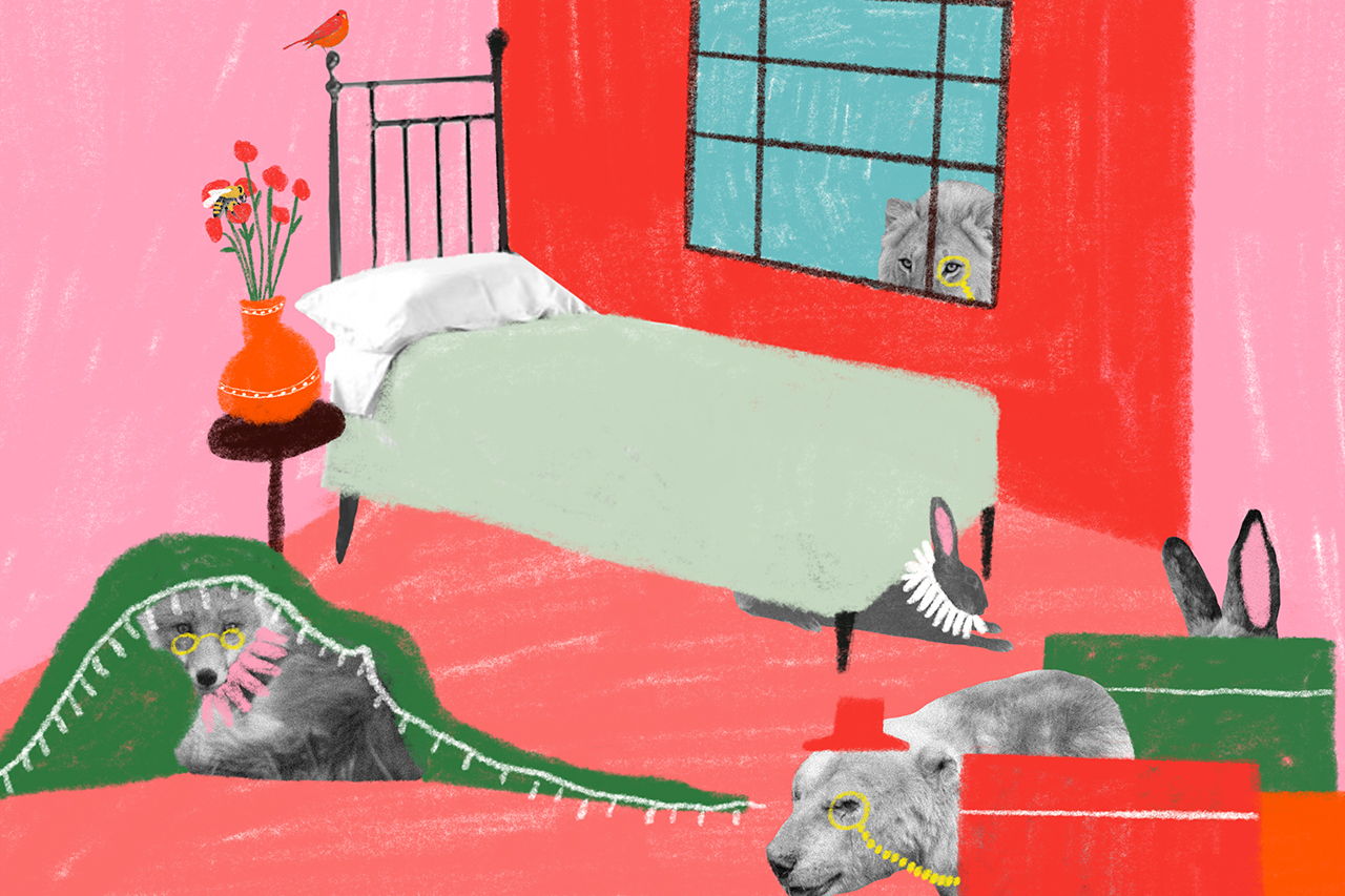 Ilustra&ccedil;&atilde;o de quarto com personagens de f&aacute;bulas escondidos na cena.