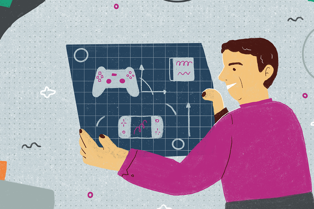 Ilustra&ccedil;&atilde;o de professor com elementos de video games sobre uma mesa.