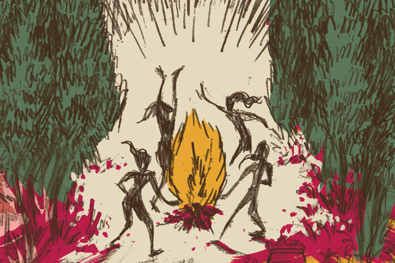 Ilustra&ccedil;&atilde;o de pessoas ao redor de uma fogueira acessa em uma floresta