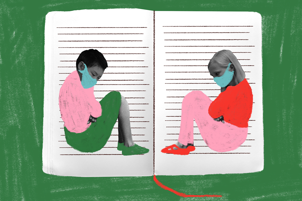 Ilustra&ccedil;&atilde;o de aluno e aluna posicionados de forma abstrata sobre um livro aberto.