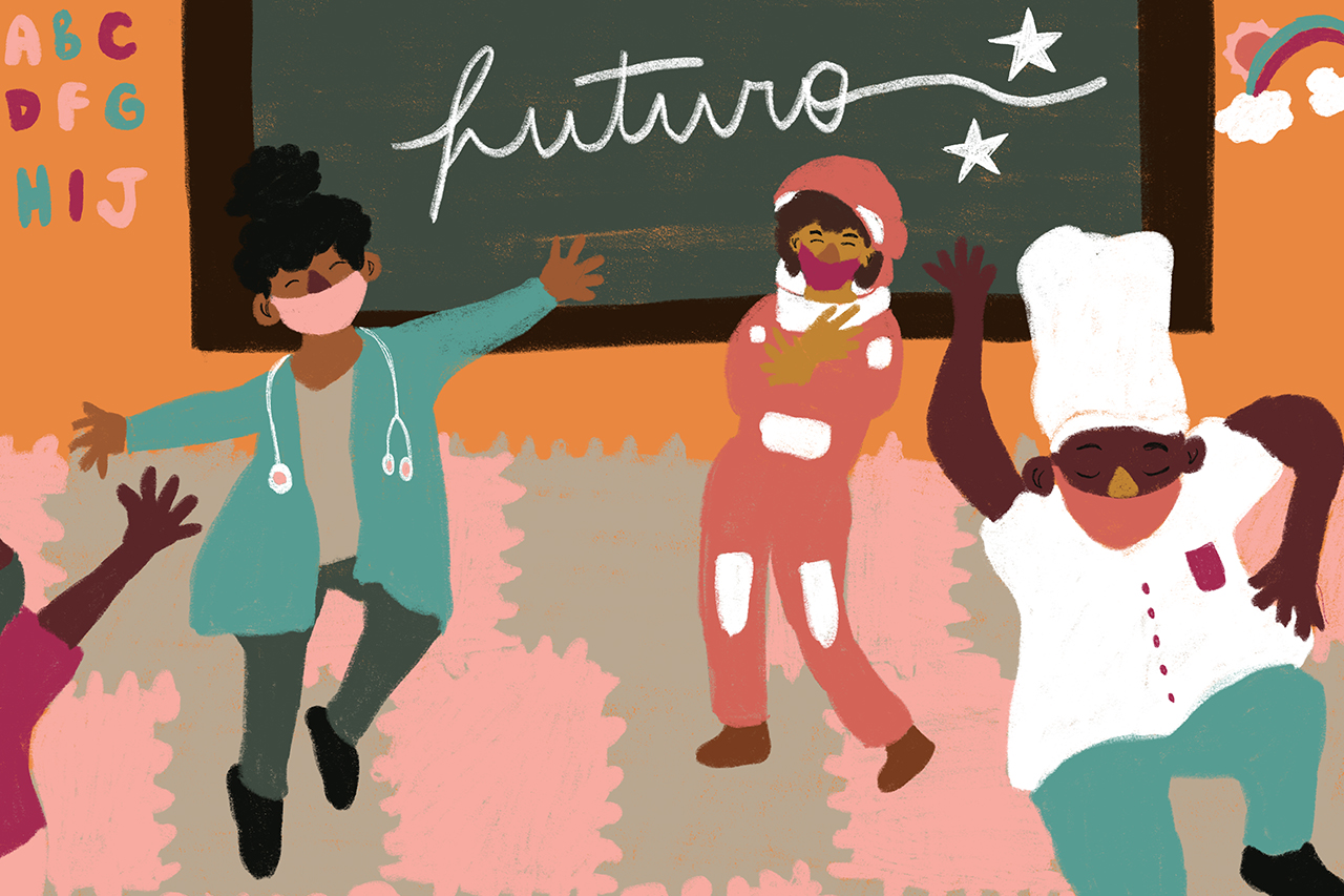 Ilustra&ccedil;&atilde;o de alunos em sala de aula com a palavra futuro escrita na lousa ao fundo.